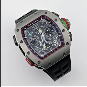 RM6501 a stainless steel case and a black strap